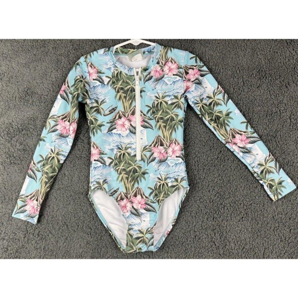 Girls 3T 3 Long Sleeve Sunsuit Swimsuit Ocean Palm Tropical Flower Coral Reef
